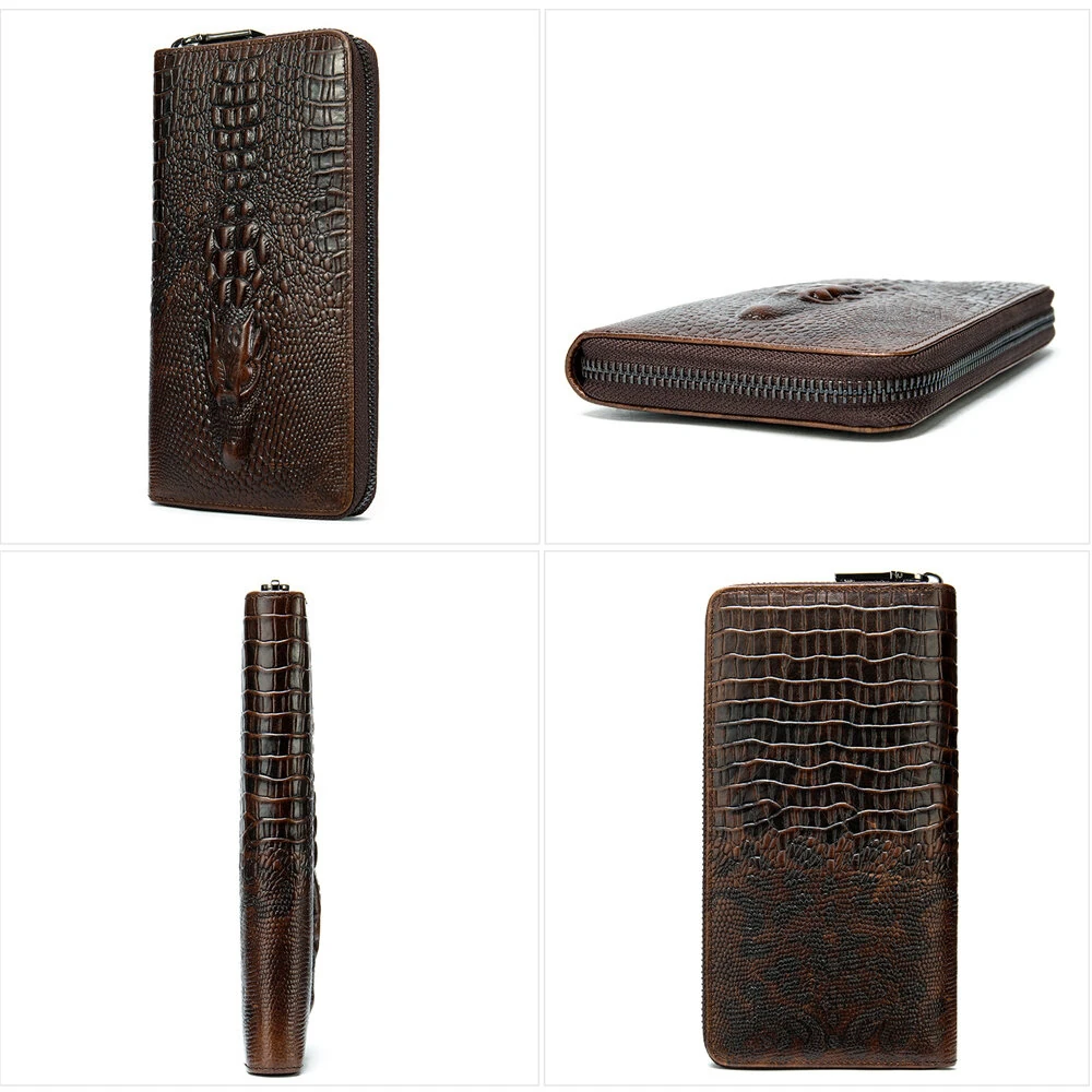 (image for) Ekphero Crocodile Print Men's Genuine Leather Wallet RFID Blocking Long Card Holder Purse Multi Card Slots Card Case Vintage Money Clip